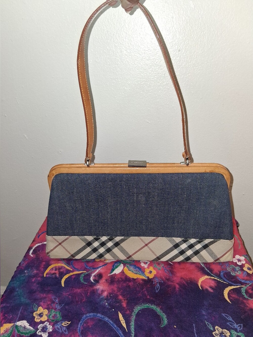 Burberry Denim & Check Shoulder Bag with Tan Leather Trim